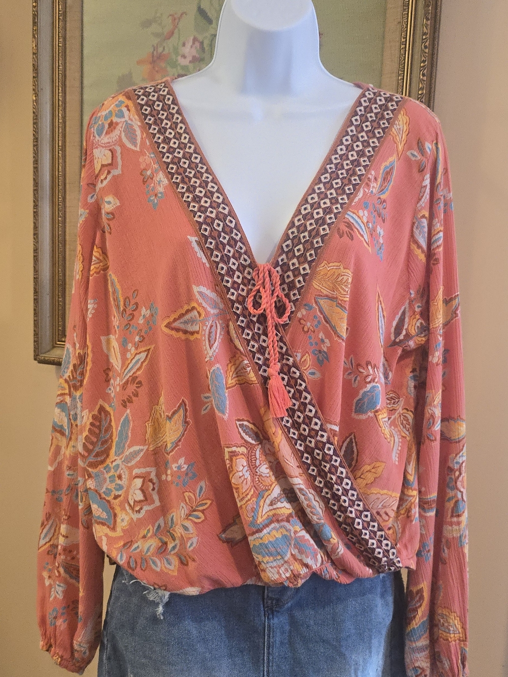 Hollister Coral Floral Wrap Blouse with Tassel Tie
